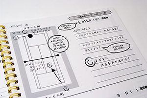 株式会社コム・サイド　様オリジナルノート 「本文オリジナル印刷」でノートの中身もデザイン 。レッスンの様子やアドバイスを書き込めるフォーマットに。こちらは記入例のページ。