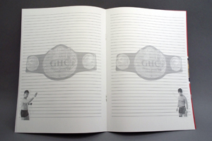 株式会社ルナプランニング　様オリジナルノート 「本文オリジナル印刷」を使い、ノートの左右ページにチャンピオンと挑戦者を向かい合わせることで、対決をイメージ。