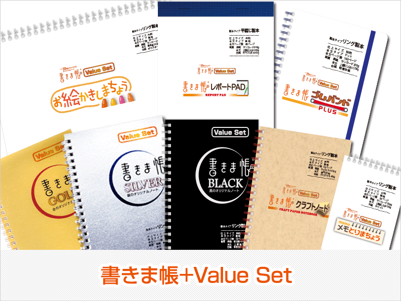 仕様やオプション加工が最初からパッケージ化した「書きま帳+Value set」