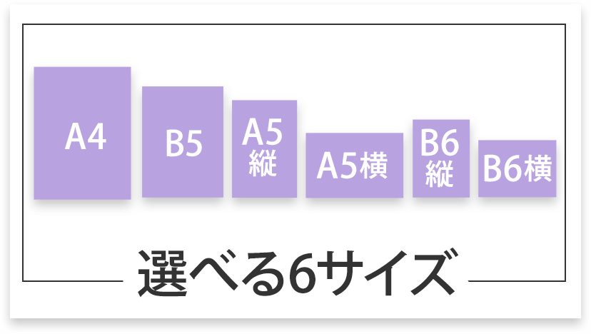 選べる4サイズ「A4」「B5」「A5縦」「A5横」「B6縦」「B6横」に対応