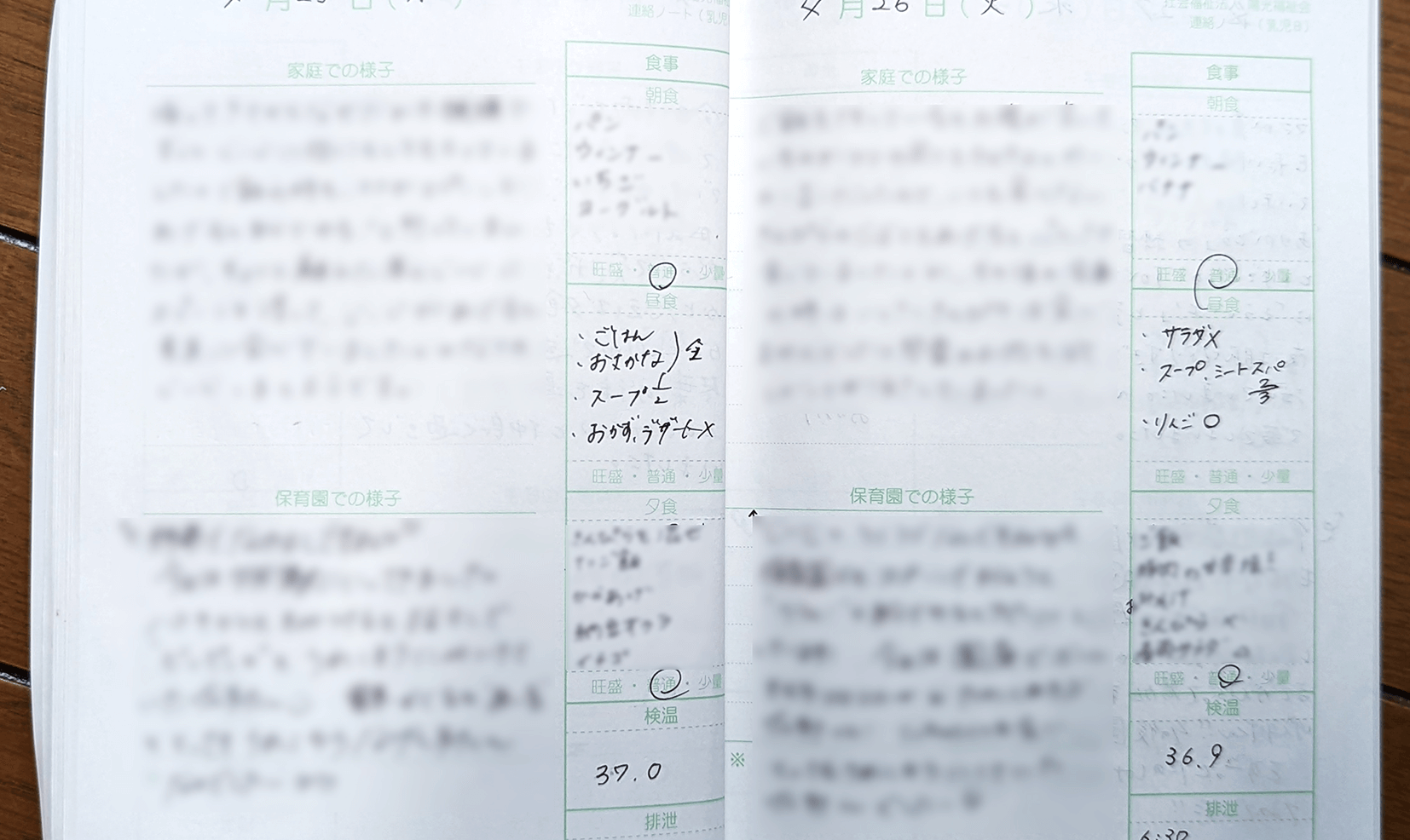 「れんらくのーと」の実際の書き込み