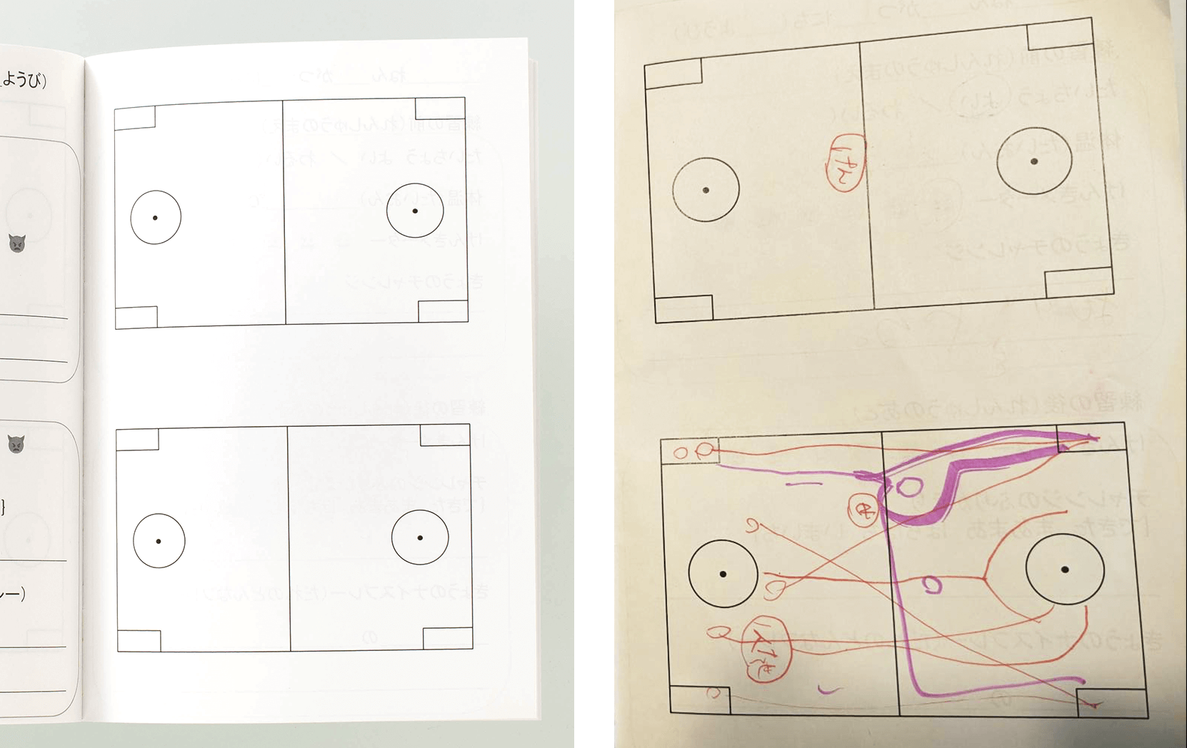 コートページ（左）、作戦やポジションを記入した実際の活用例（右）